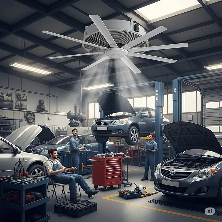 An illustration showing a heavy-duty industrial ceiling fan installed in an auto repair garage, designed to move dust and fumes while providing comfort.