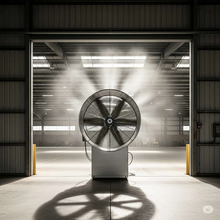 A robust industrial drum fan circulating air in a large, open outdoor warehouse space, ideal for powerful ventilation among fans outside.