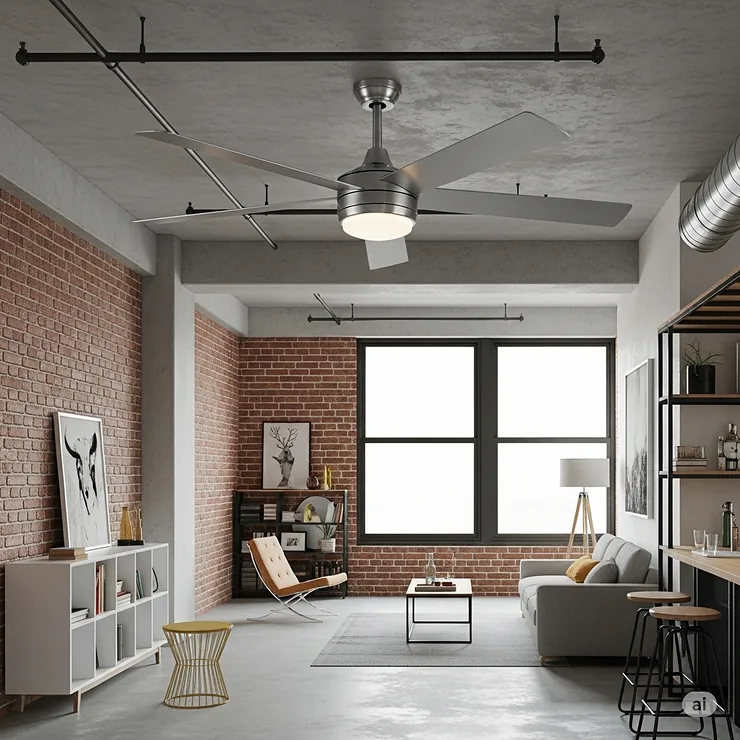 Industrial-style metal ceiling fan installed in a modern loft apartment, enhancing air circulation.