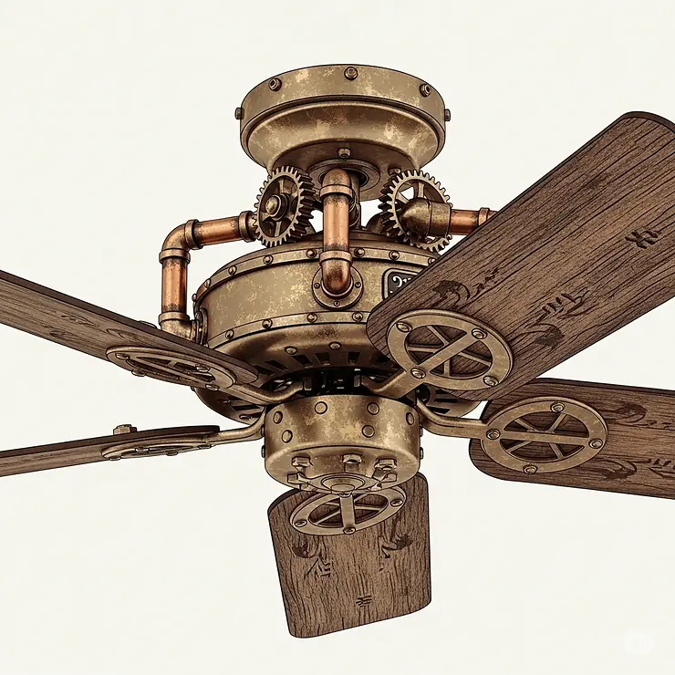 An artistic illustration of a vintage-inspired industrial ceiling fan with exposed gears and metal accents, perfect for a loft apartment.