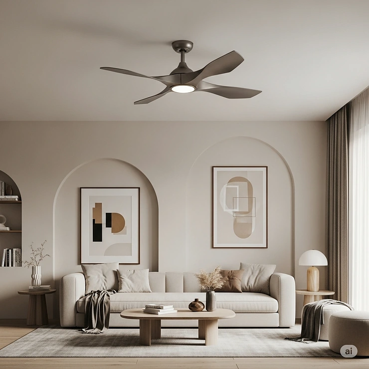 A modern living room featuring a sleek, low-profile ceiling fan with unique sculptural blades, adding both style and comfort to the contemporary space.