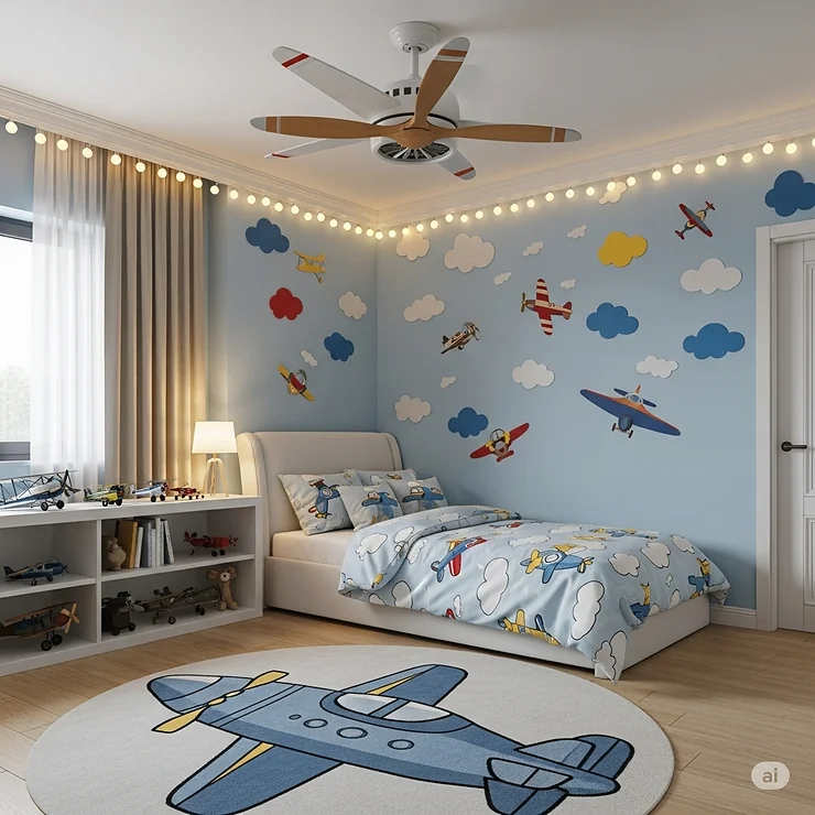 Playful child's bedroom featuring a whimsical airplane propeller ceiling fan, perfect for aviation enthusiasts and adding a unique touch to the decor.