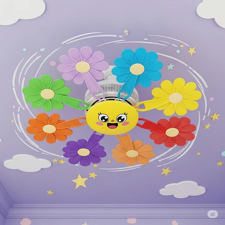 Playful illustration of an interesting ceiling fan for a childs room, perhaps with colorful airplane or flower-shaped blades, adding a fun element to the decor.