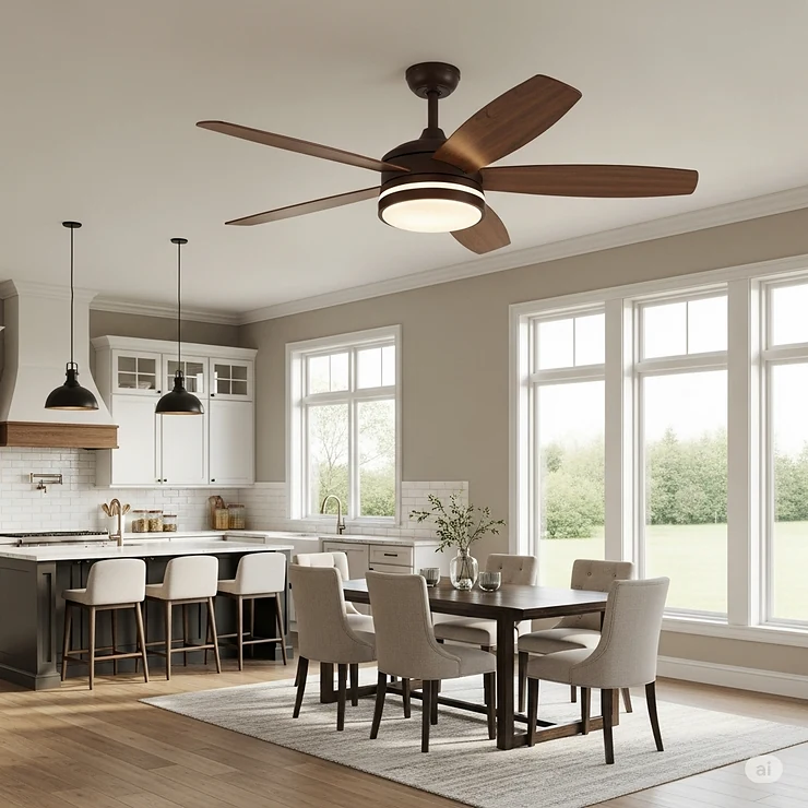 Spacious kitchen and dining area featuring a sleek wooden ceiling fan with an attached light kit, perfect for airflow and lighting during meals.