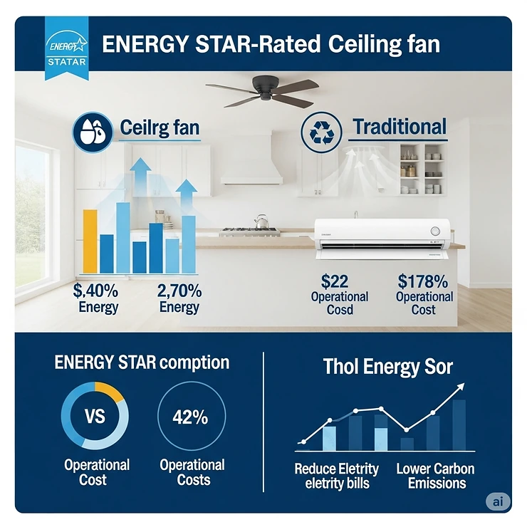 An infographic illustrating the energy savings of using an ENERGY STAR-rated ceiling fan in a kitchen compared to traditional air conditioning.