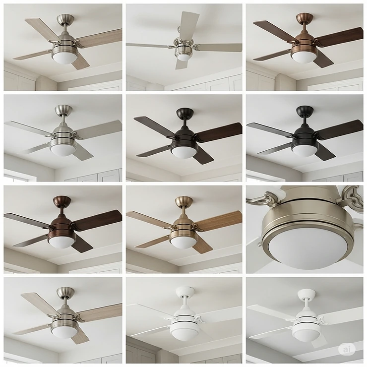 A visual collection showcasing various finishes for ceiling fans for a kitchen, including brushed nickel, oil-rubbed bronze, and matte white, to match different decor styles.
