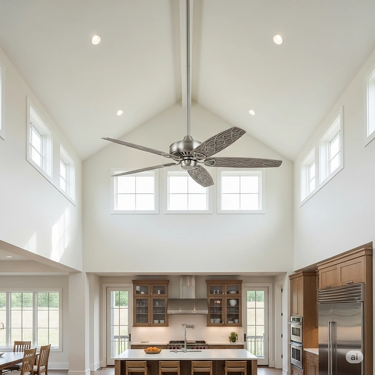 An elegant, long-downrod ceiling fan hanging from a vaulted ceiling in a large, open-concept kitchen, designed to effectively circulate air from a greater height.