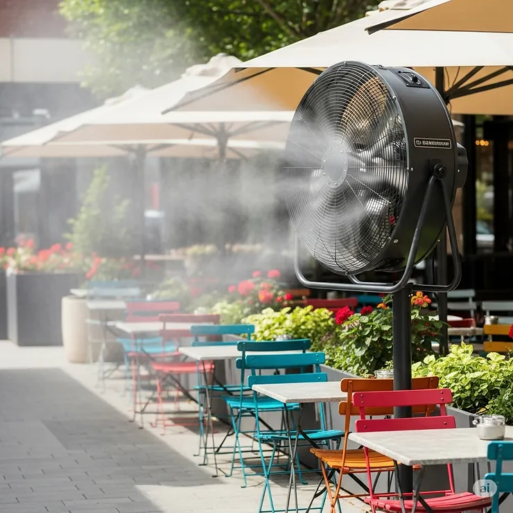 A large, powerful outdoor misting fan providing cooling relief to a group of people enjoying a sunny patio, perfect for keeping fans outside comfortable.