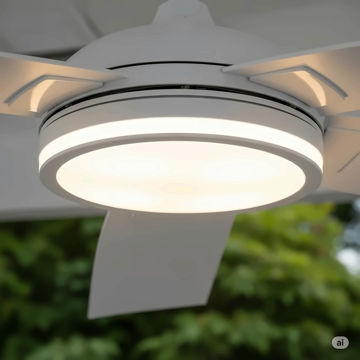 Detail of the integrated, dimmable LED light kit on a waterproof outdoor ceiling fan, offering energy-efficient and adjustable illumination.