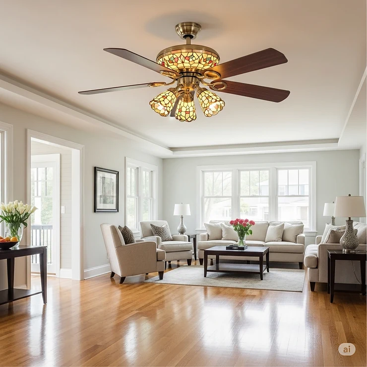 Beautiful living room featuring a prominent Tiffany style ceiling fan, its colorful glass design complementing the traditional decor and providing both light and air circulation.