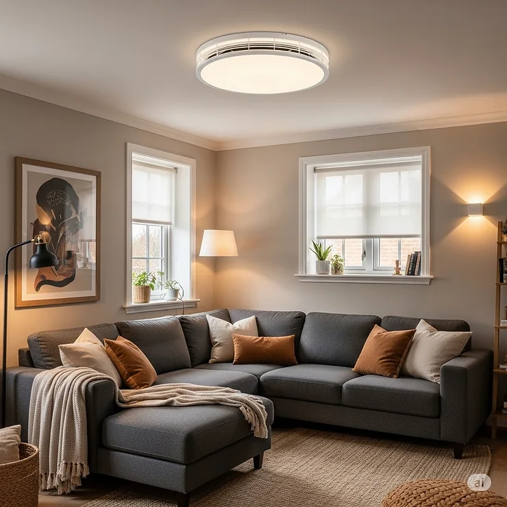 A cozy living room with a low ceiling, effectively cooled by a flush-mount fan that saves space.