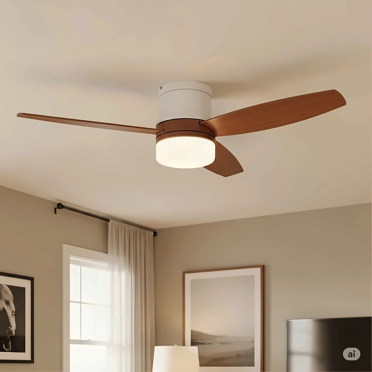 Illustration of a sleek, low-profile mid-century style ceiling fan, ideal for rooms with lower ceilings, providing both airflow and vintage aesthetic.