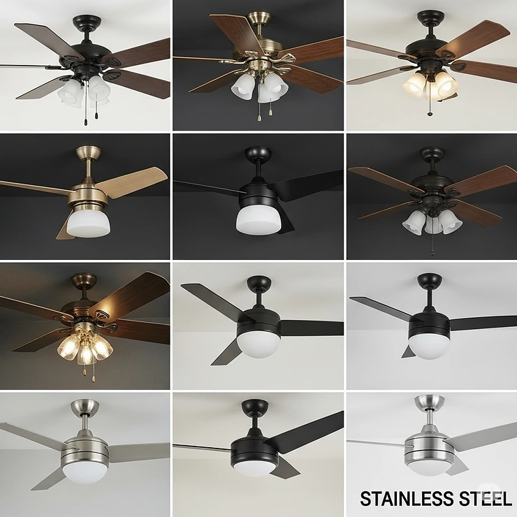 Collection of popular metal finishes for ceiling fans, including bronze, black, and stainless steel.