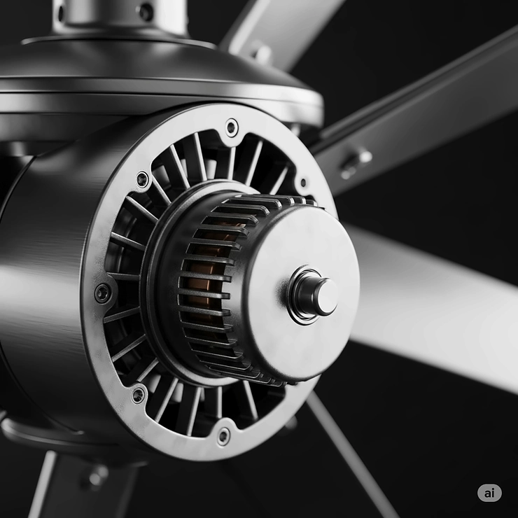Detailed view of the durable metal housing and quiet motor of a high-performance ceiling fan.