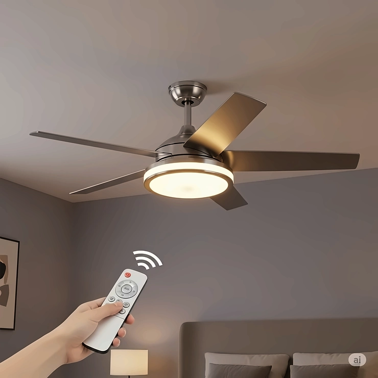 Functional metal ceiling fan with integrated LED lighting, ideal for bedrooms or dining areas.