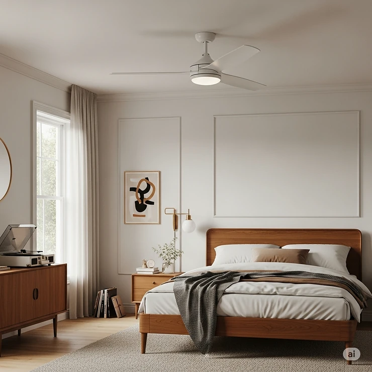 A comfortable bedroom featuring a mid-century style ceiling fan with a minimalist design, complementing the room's retro decor and neutral color palette.