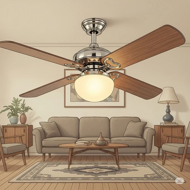 Detailed illustration of a mid-century ceiling fan featuring an integrated light kit with a frosted glass globe, providing both air circulation and ambient lighting.