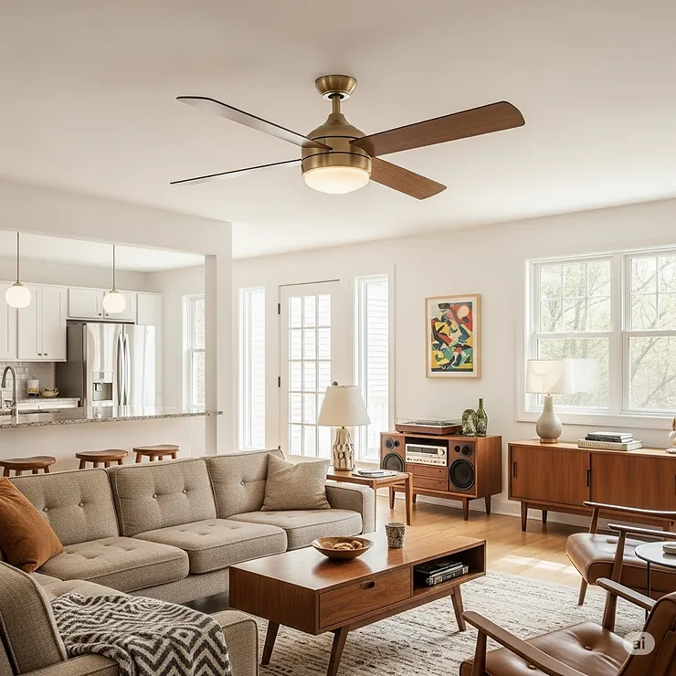 A mid-century style ceiling fan with elegant, clean lines installed in a bright, open living room featuring classic 1950s furniture.