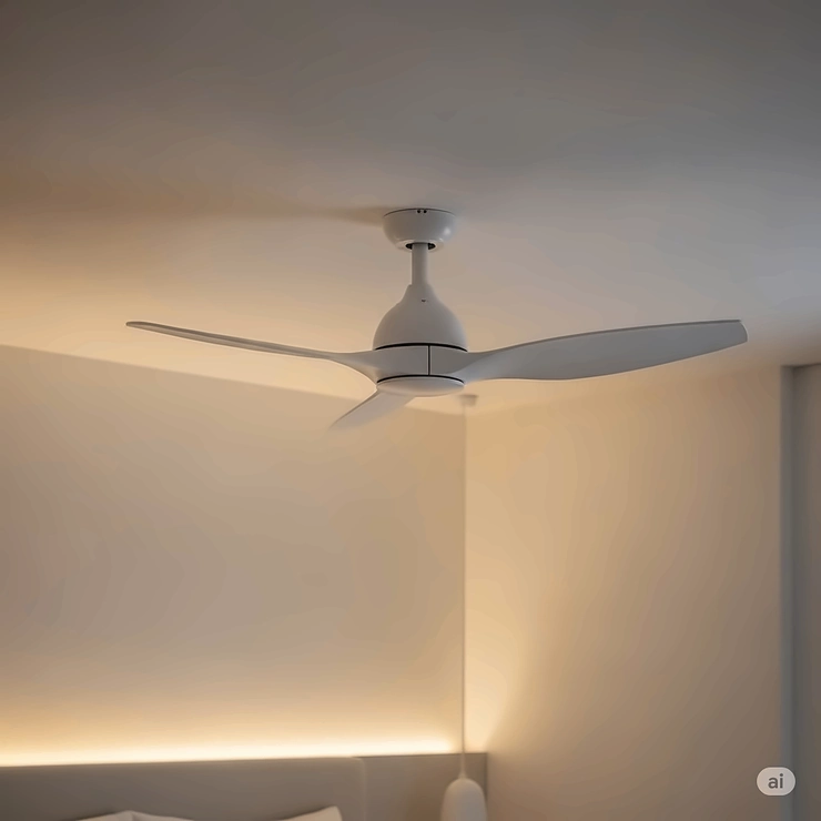 A small, white, modern mini ceiling fan with three blades installed in a minimalist bedroom, providing a gentle breeze and stylish accent.
