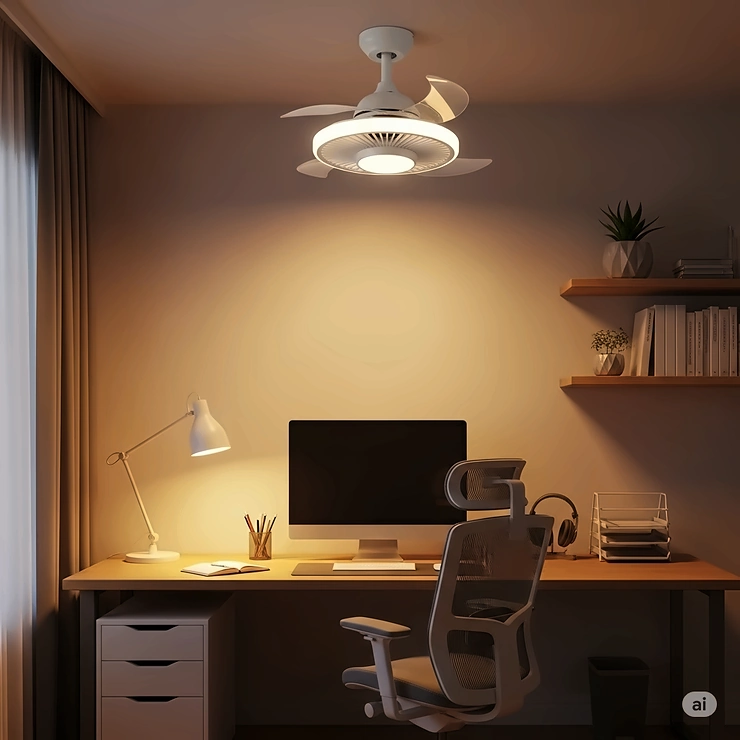 A contemporary mini ceiling fan with a dimmable LED light kit installed in a home office, a practical solution for cooling and lighting a workspace.