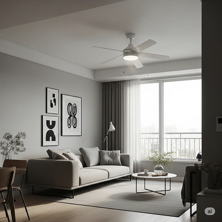 A minimalist urban apartment living room with a simple, white ceiling fan providing a breeze in a clean, uncluttered space.