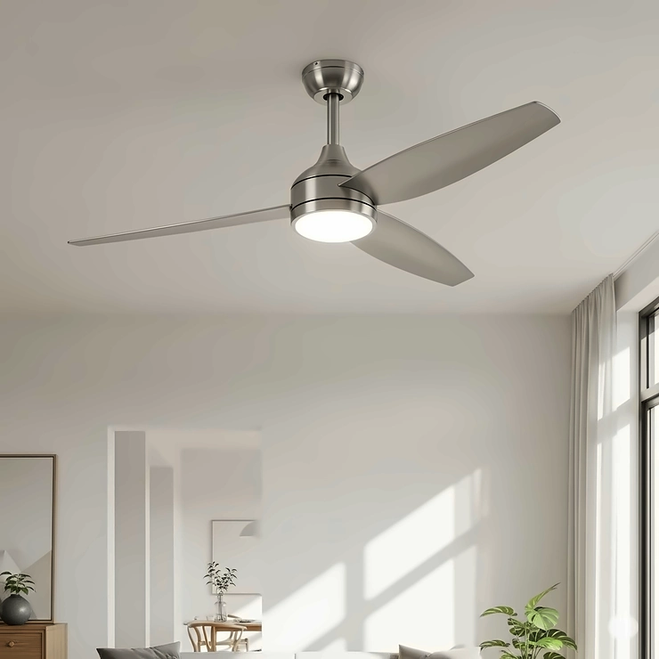 Sleek, modern metal ceiling fan with three blades, perfect for contemporary living rooms.