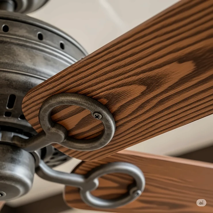 Living room with industrial-modern decor and a western-inspired ceiling fan with wood blades.