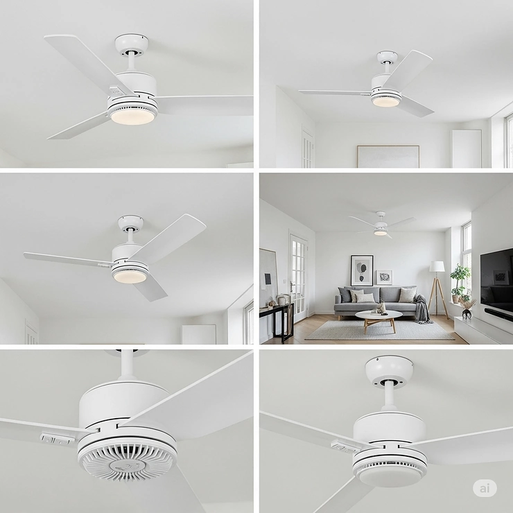 Multiple views of a stylish modern white ceiling fan, showcasing its clean lines and elegant design from various perspectives suitable for any contemporary home.