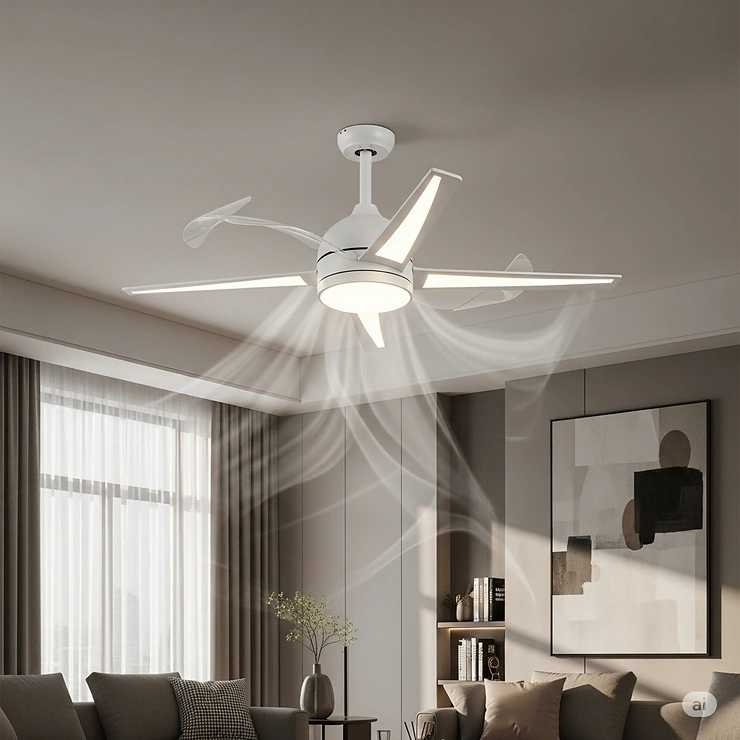 A sleek, modern white ceiling fan with integrated LED lighting, perfectly complementing a contemporary living room's minimalist design and providing excellent air circulation.
