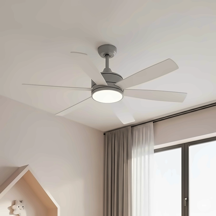 A modern, gender-neutral ceiling fan with gray and white blades suitable for a contemporary children's space.
