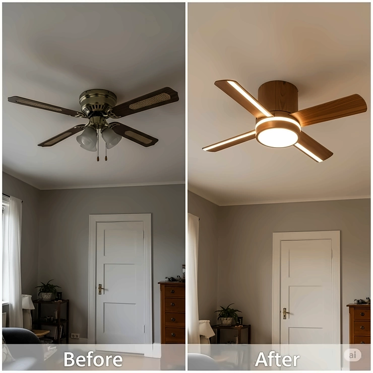 Before and after comparison showing an outdated fan replaced by a stylish new wood ceiling fan with light, enhancing room aesthetics.