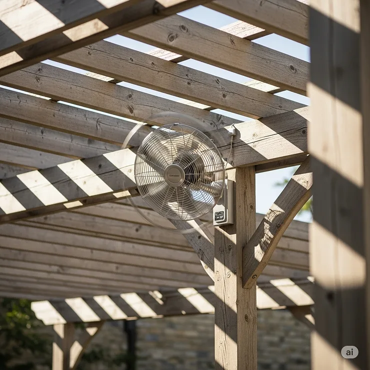 A compact, oscillating wall-mounted fan installed on an outdoor pergola, efficiently covering a wide area and keeping fans outside cool.