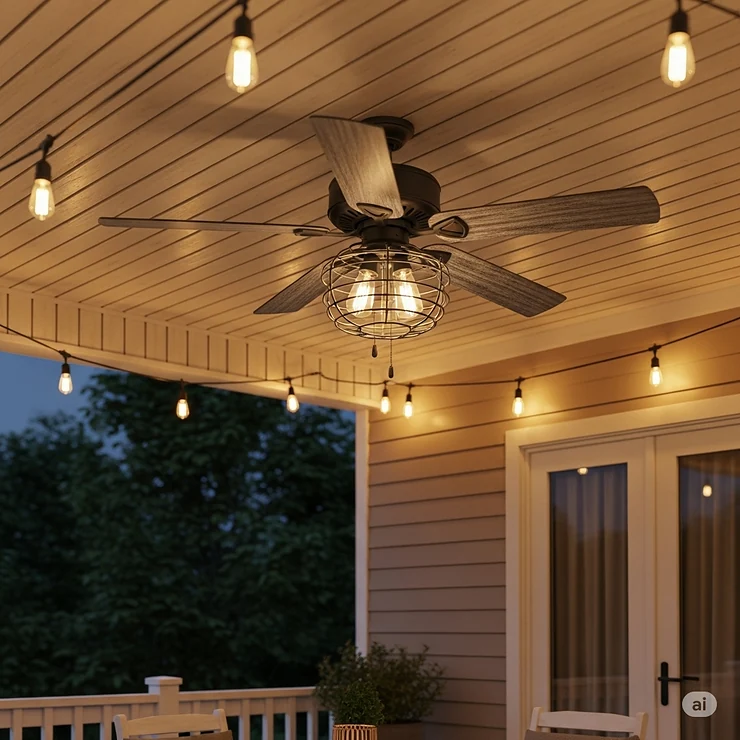 An outdoor-rated farmhouse ceiling fan with weather-resistant distressed wood blades, illuminating a comfortable covered patio area with string lights.