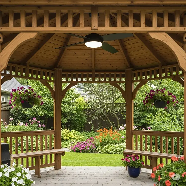 Stylish outdoor flush ceiling fan installed in a backyard gazebo, enhancing comfort and aesthetic appeal for outdoor gatherings.