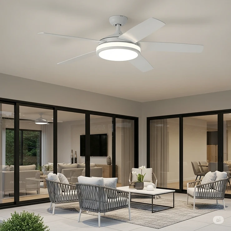 Energy-efficient outdoor flush ceiling fan featuring integrated LED lighting, providing both cooling and bright, long-lasting illumination for outdoor areas.