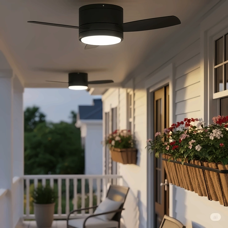 Compact outdoor flush ceiling fan perfectly suited for smaller outdoor spaces like balconies or porches, maximizing airflow without obstructing views.