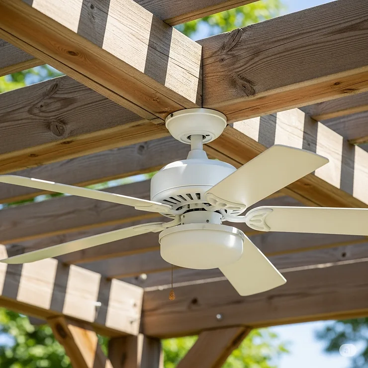 Close-up of a white hanging outdoor fan securely mounted to a wooden pergola, ideal for keeping cool during summer gatherings.