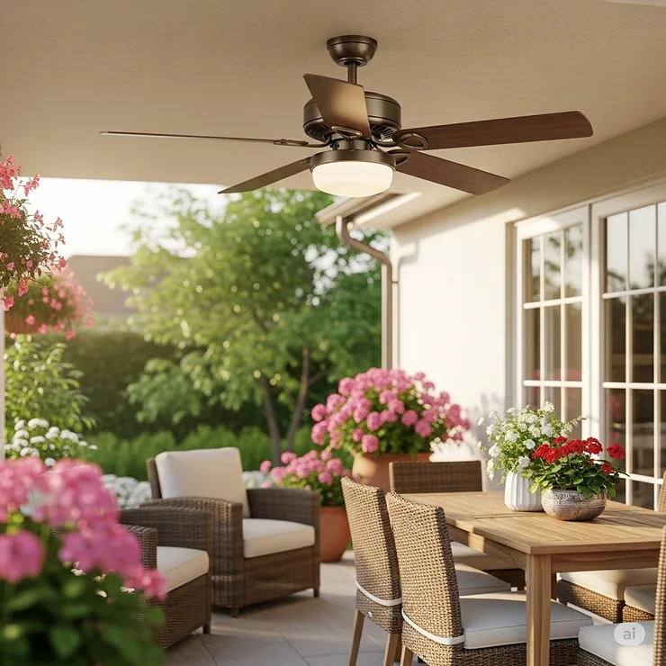 An outdoor patio area enhanced by a durable mid-century style ceiling fan, designed to withstand the elements while maintaining its classic look.