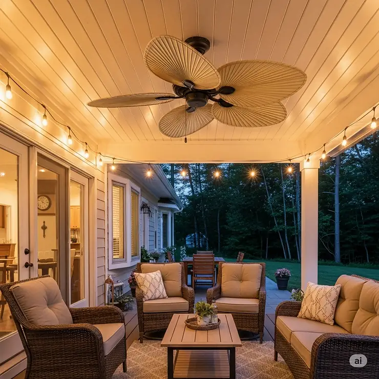 A durable palm leaf ceiling fan hanging from a covered patio ceiling, perfect for creating a comfortable outdoor living space.
