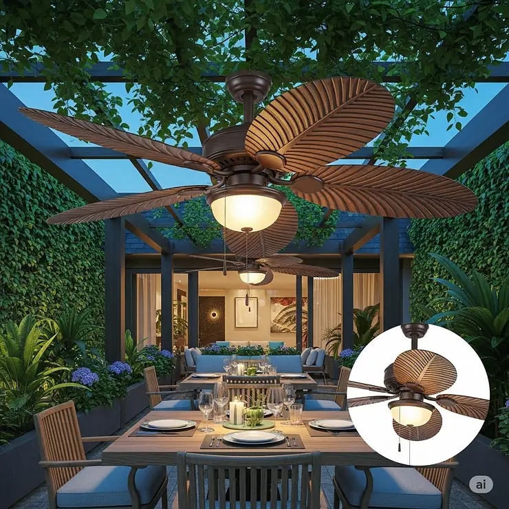 Rendering of a durable, weather-resistant ceiling fan designed for outdoor patios, featuring a tropical-inspired palm leaf blade design, ideal for al fresco living.