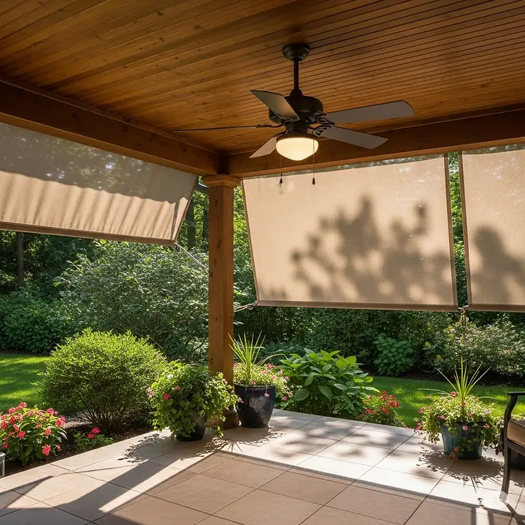 A weather-resistant mini ceiling fan with a bronze finish, hanging from the ceiling of a covered outdoor patio, ideal for creating a comfortable breeze on a warm day.