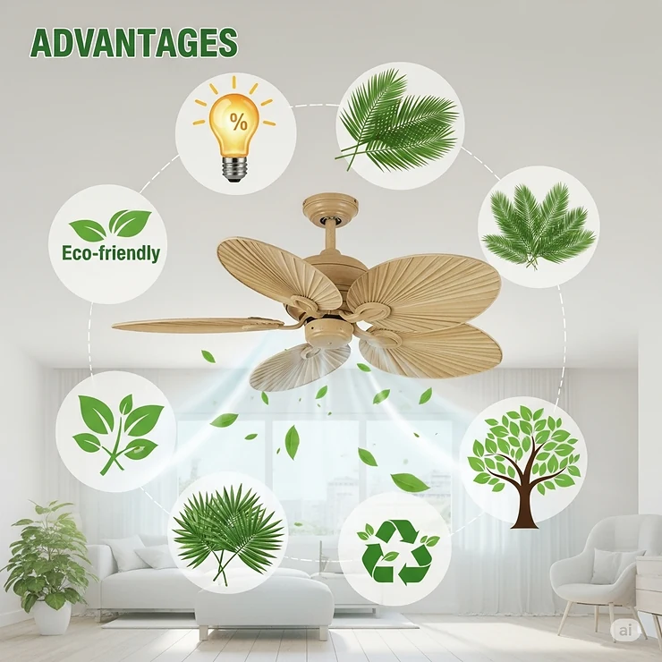 Infographic highlighting the key benefits of palm leaf ceiling fans, including energy efficiency, use of natural materials, and their eco-friendly appeal.