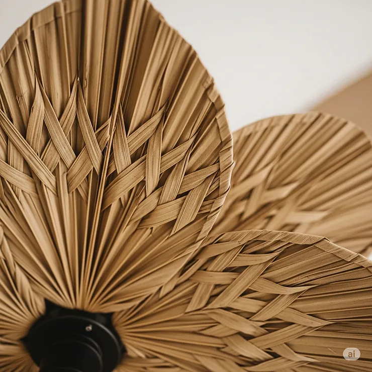 Close-up view of the intricately woven palm leaf blades of a natural ceiling fan, highlighting the craftsmanship and unique texture.