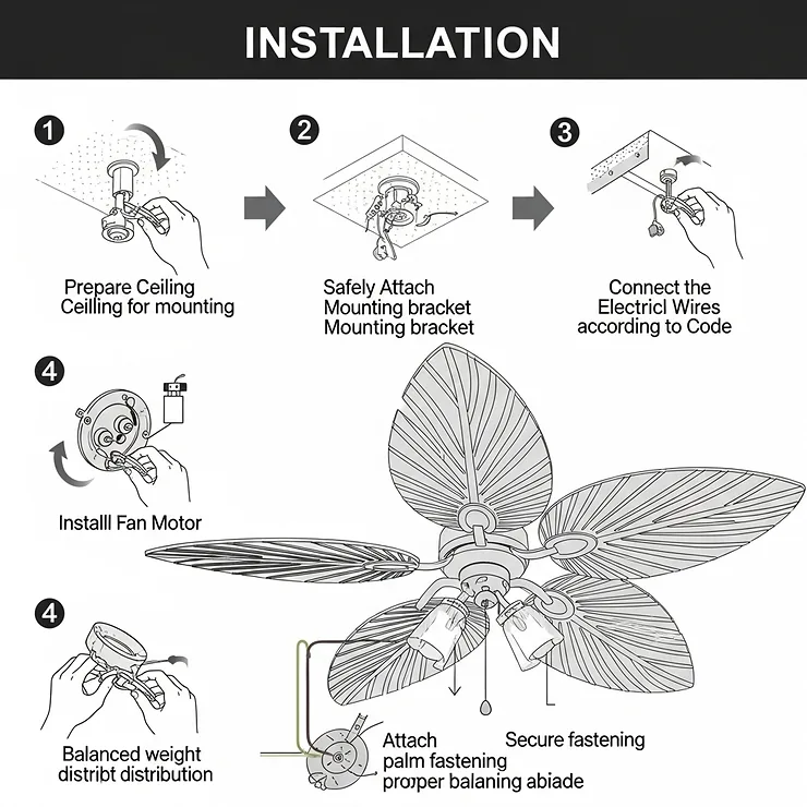 A clear and concise installation diagram for a palm leaf ceiling fan, illustrating the steps for safe and proper mounting.