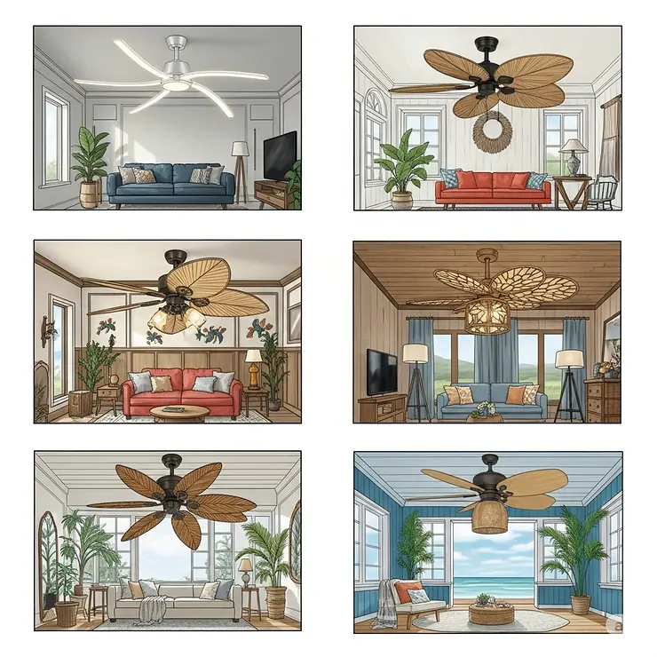 An illustration showcasing various styles of palm leaf ceiling fans, from modern designs to classic tropical aesthetics, for diverse interior themes.