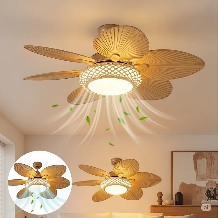 A functional palm leaf ceiling fan featuring an integrated light kit, offering both cooling and ambient illumination for any room.
