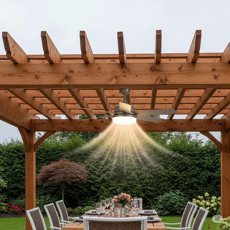 Waterproof outdoor ceiling fan with light installed under a wooden pergola, enhancing comfort and ambiance in an al fresco dining area.