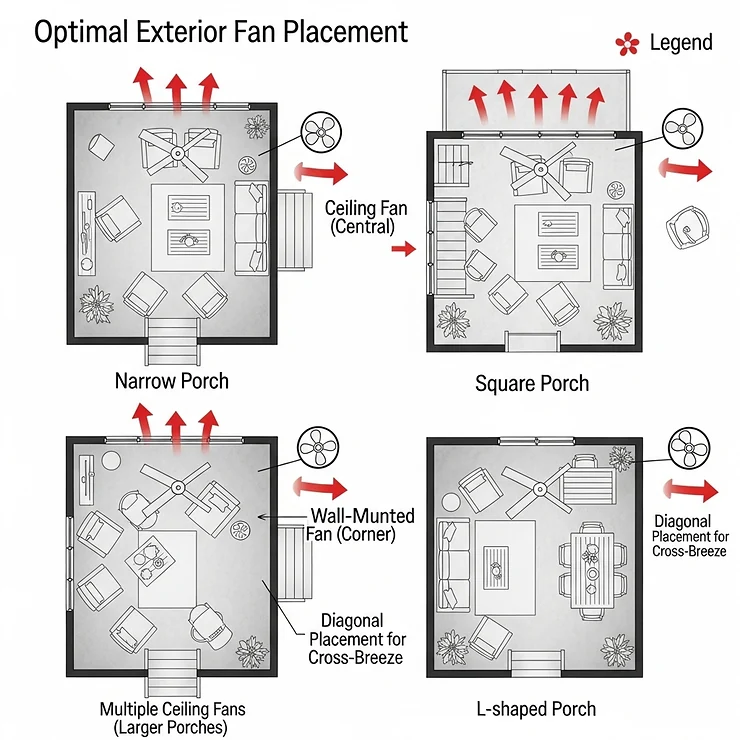 Diagram showing optimal exterior porch fan placement for maximum airflow and comfort on different porch layouts.
