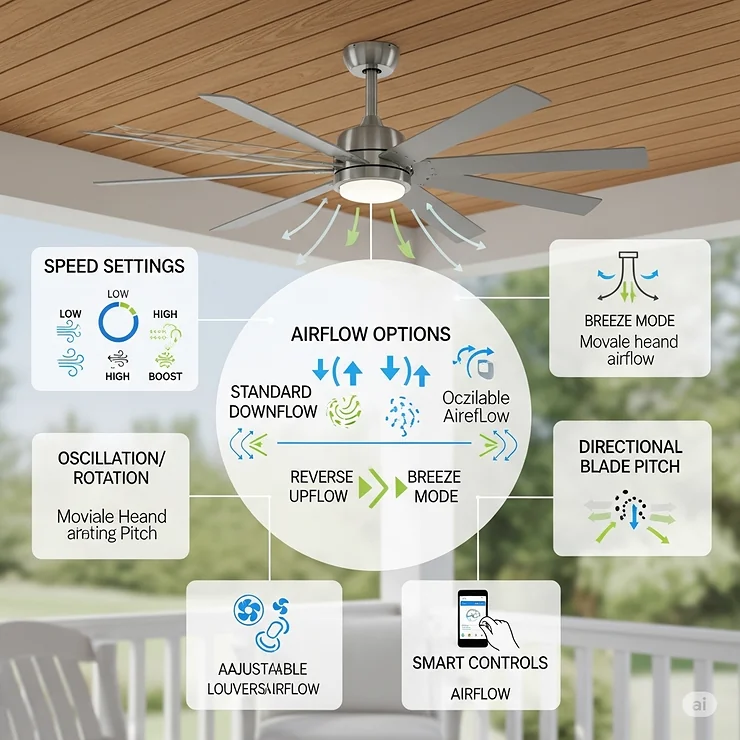 Infographic illustrating various speed settings and airflow options available on modern exterior porch fans.