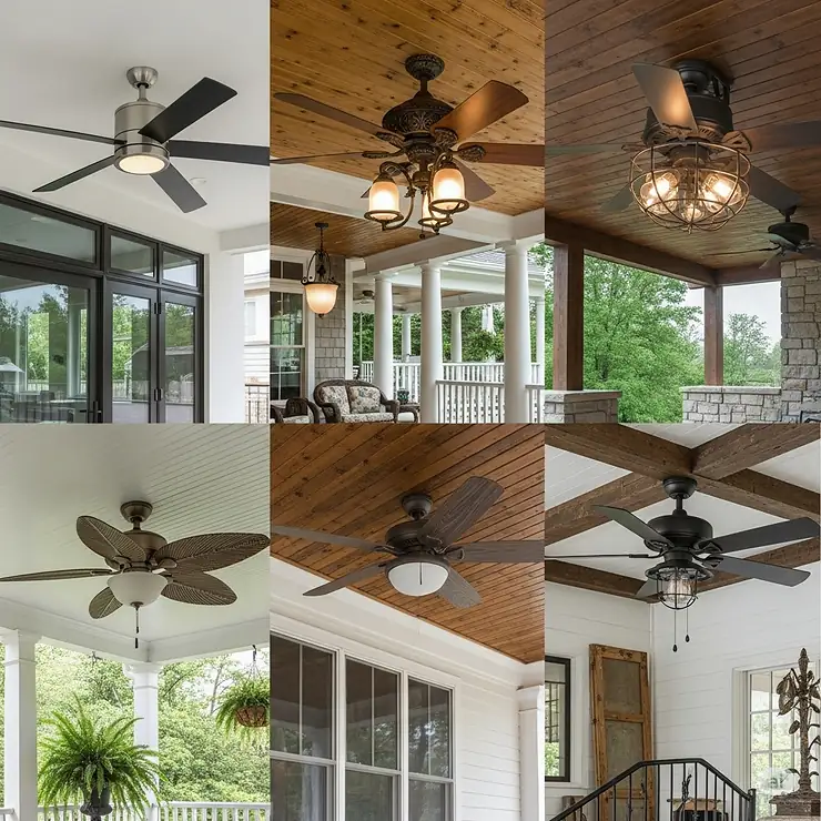 Collection of diverse exterior porch fan styles, including contemporary, traditional, and industrial designs to complement any outdoor decor.